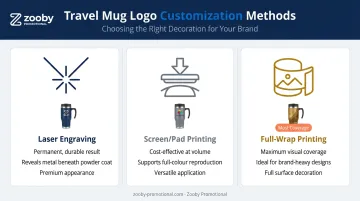 three travel mug customization methods laser engraving screen printing full-wrap comparison