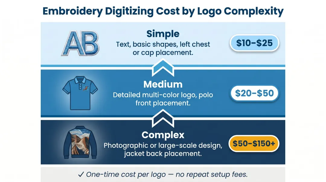 Embroidery digitizing cost tiers by logo complexity for corporate apparel gifts