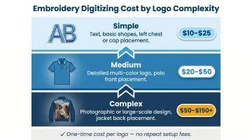 Embroidery digitizing cost tiers by logo complexity for corporate apparel gifts
