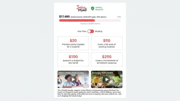 Nonprofit fundraising campaign storefront page showing verified badge and donation features