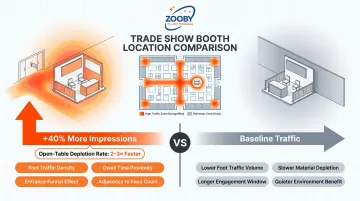 Trade show booth location traffic impact comparison infographic with key variables