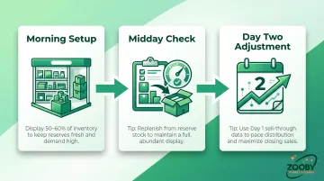 Three-step trade show booth inventory distribution strategy process flow
