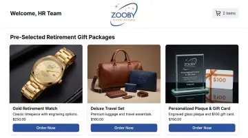 Company online swag store interface displaying pre-selected corporate retirement gift options