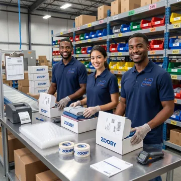 Ecommerce fulfillment team packing branded merchandise orders