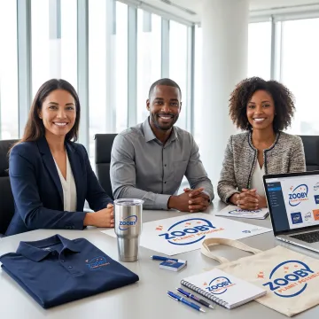 Team reviewing branded merchandise samples