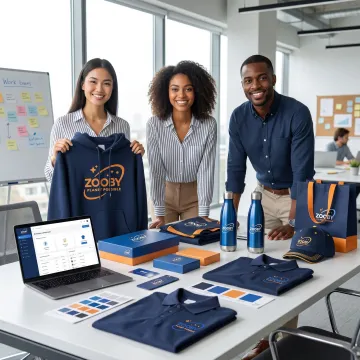 Team reviewing branded swag store options