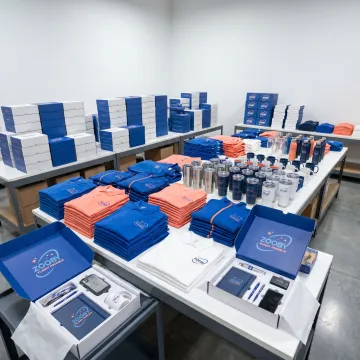 Corporate event merchandise packed for bulk shipping