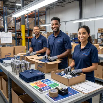 Team organizing branded merchandise for corporate distribution