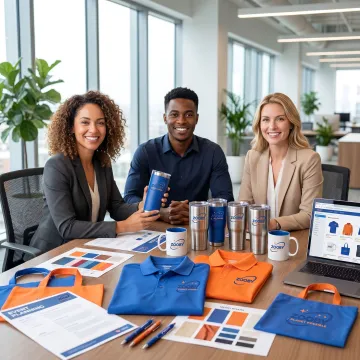 Team reviewing branded merchandise options