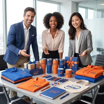 Team reviewing branded merchandise samples