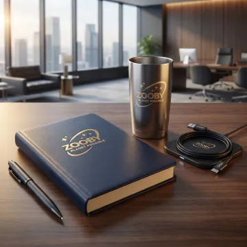 Finance-themed branded gift set on office desk