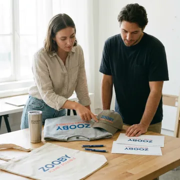 Promotional products team reviewing branded merchandise samples