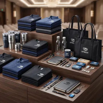 Branded corporate event merchandise display