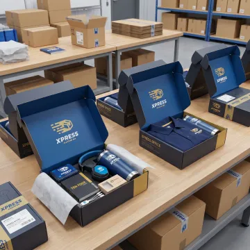 Branded merchandise kits prepared for multiple business locations