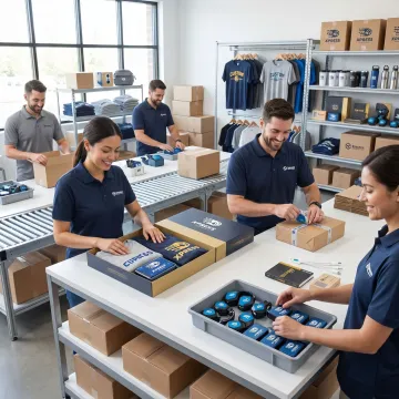 Team organizing branded merchandise fulfillment orders
