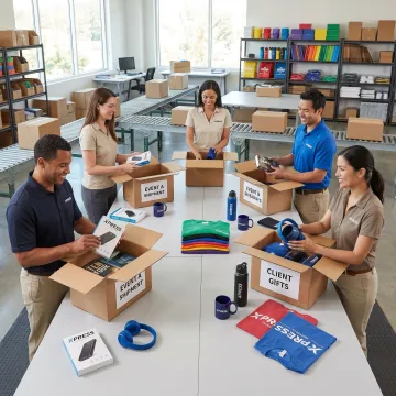 Team organizing branded merchandise for event fulfillment