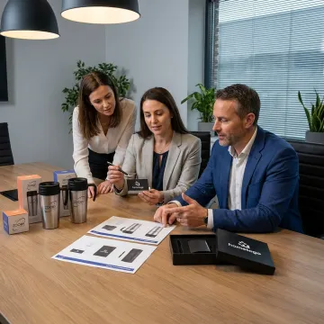 Corporate gifting team reviewing branded merchandise samples