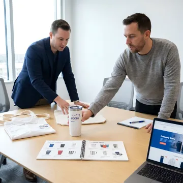 Team reviewing branded merchandise options for enterprise distribution