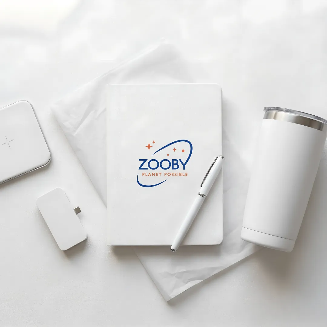 Finance-themed branded gift set on office desk