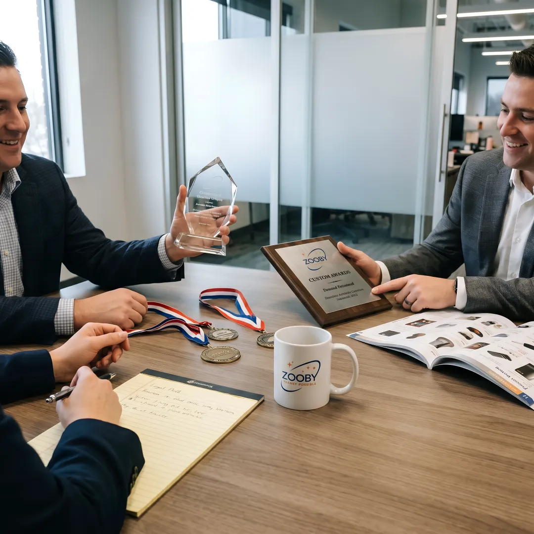 Team reviewing custom award samples