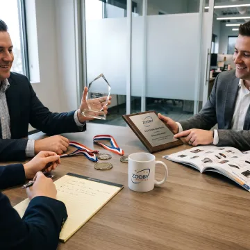 Team reviewing custom award samples