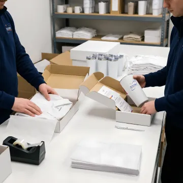 Team organizing branded merchandise fulfillment orders