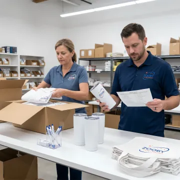 Team organizing branded merchandise for event fulfillment