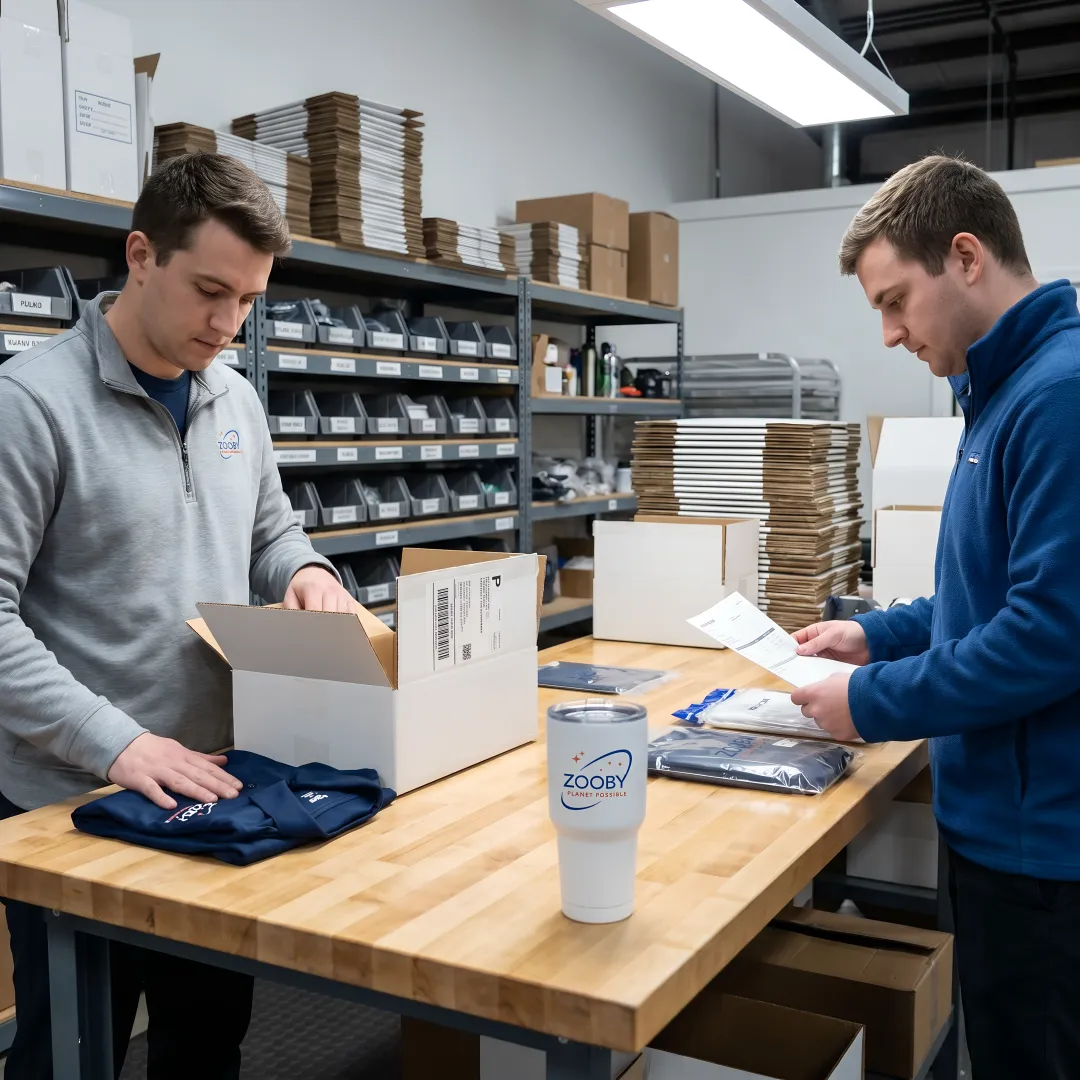 Team organizing branded merchandise for corporate distribution