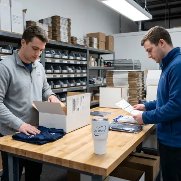 Team organizing branded merchandise for corporate distribution