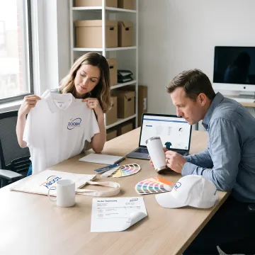 Team reviewing branded swag store options
