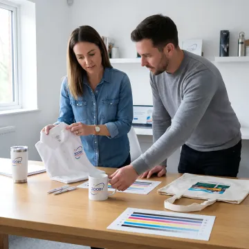 Promotional products team reviewing branded merchandise samples