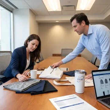 Team reviewing custom branded merchandise samples