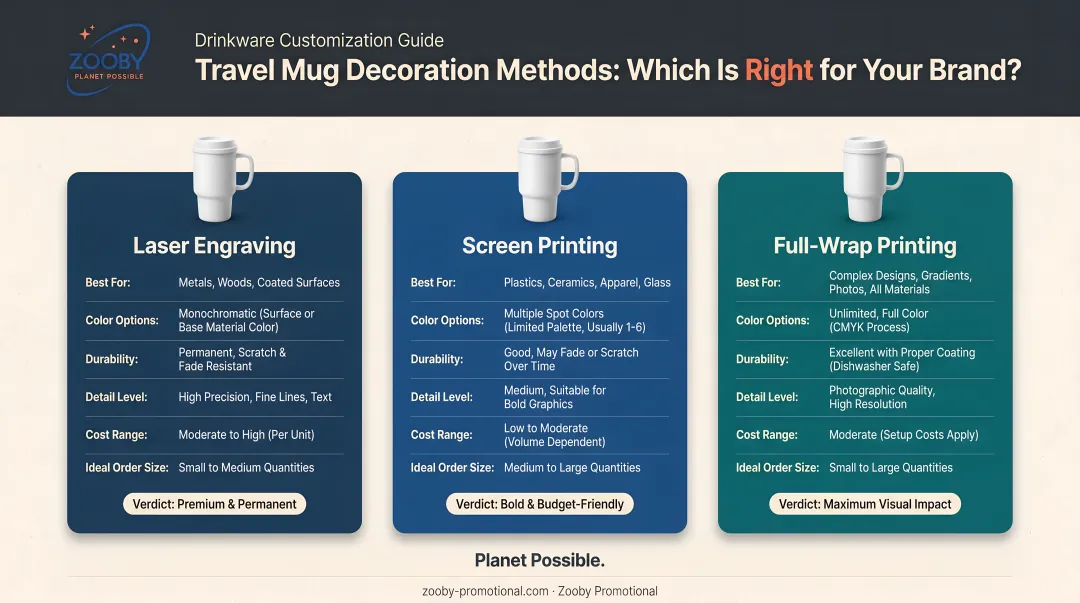 three travel mug customization methods laser engraving screen printing full-wrap comparison
