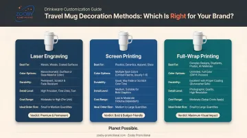 three travel mug customization methods laser engraving screen printing full-wrap comparison