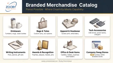 Zooby Promotional branded merchandise catalog showing diverse corporate gift product categories