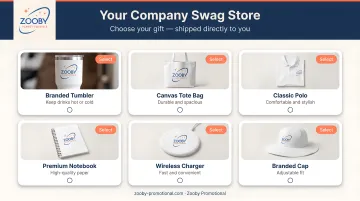 Zooby Promotional company swag store platform interface showing recipient gift selection