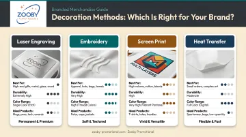Four branded merchandise decoration methods comparison infographic laser engraving to screen print