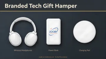 Branded tech gift hamper with wireless headphones power bank and charging pad