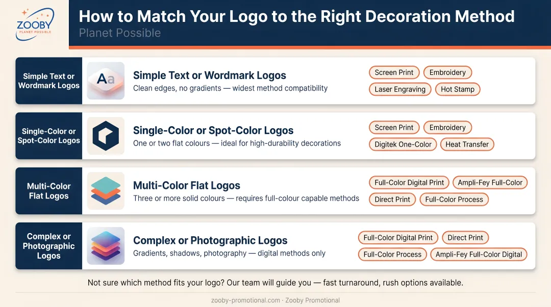 Branding method selection guide matching logo complexity to decoration technique