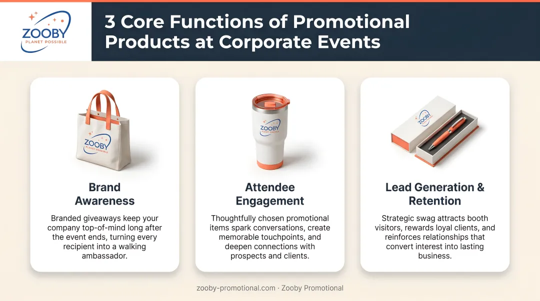 Three core functions of promotional products at corporate events infographic