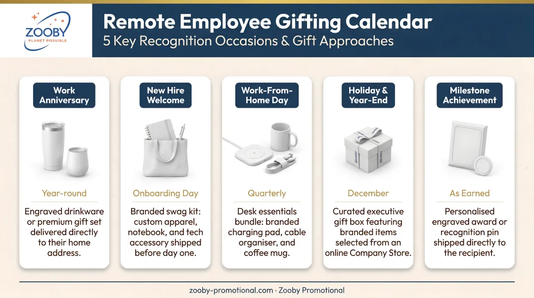 Remote employee gifting calendar showing five key recognition occasions and gift approaches