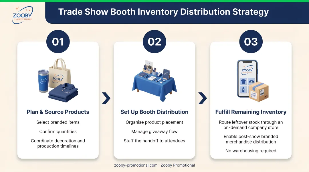 Three-step trade show booth inventory distribution strategy process flow