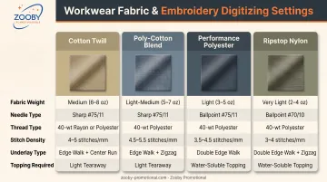 Four workwear fabric types and embroidery digitizing settings comparison chart