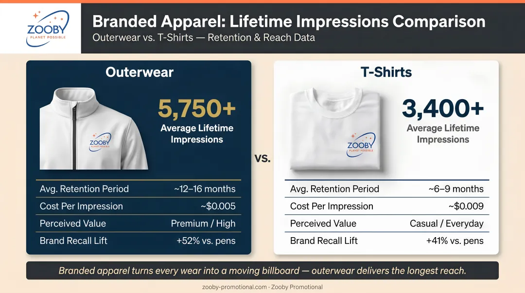 Branded apparel lifetime impressions comparison outerwear versus t-shirts retention data
