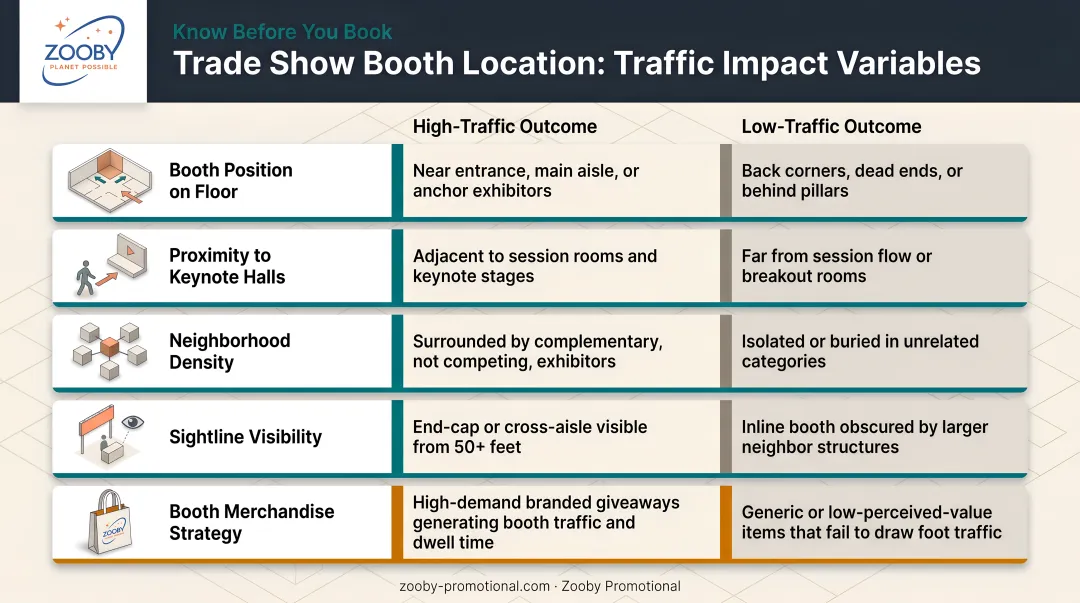 Trade show booth location traffic impact comparison infographic with key variables
