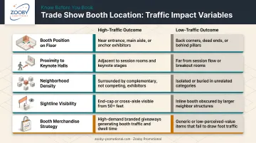 Trade show booth location traffic impact comparison infographic with key variables