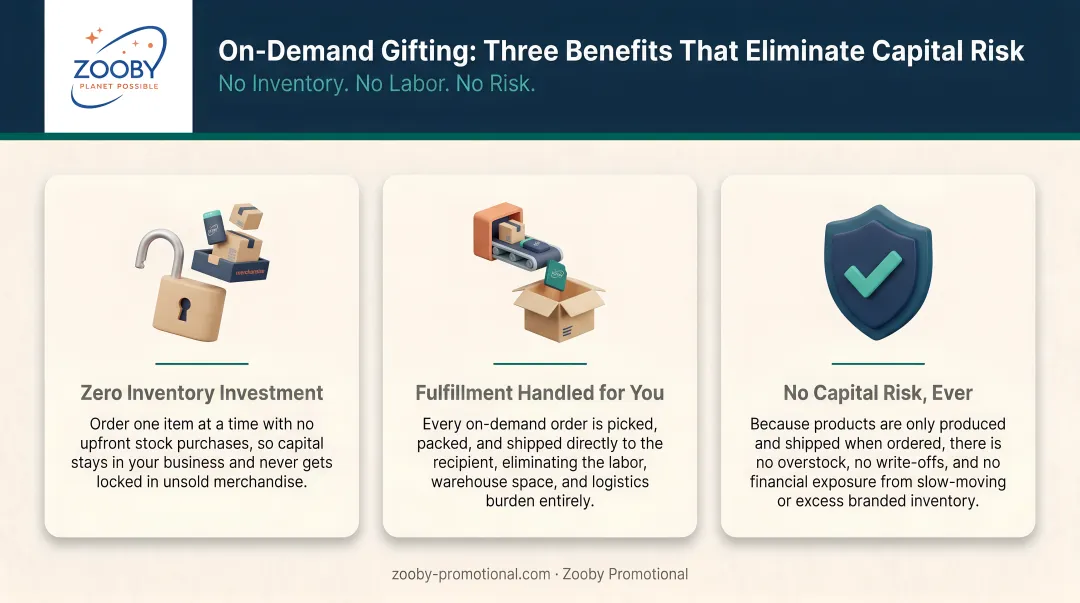 Three on-demand gifting benefits eliminating capital risk inventory and fulfillment labor