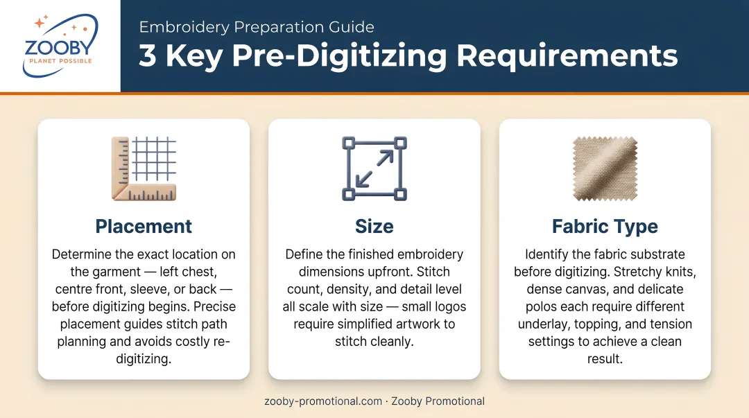 Three key pre-digitizing requirements placement size and fabric type