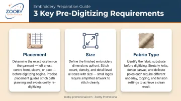 Three key pre-digitizing requirements placement size and fabric type
