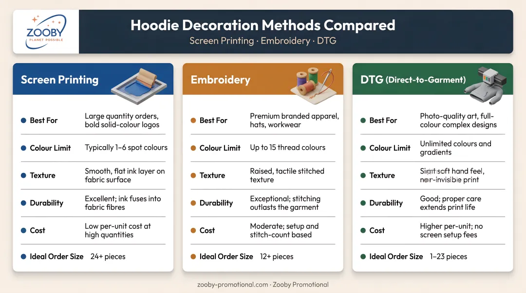 Three custom hoodie decoration methods screen printing embroidery and DTG comparison infographic
